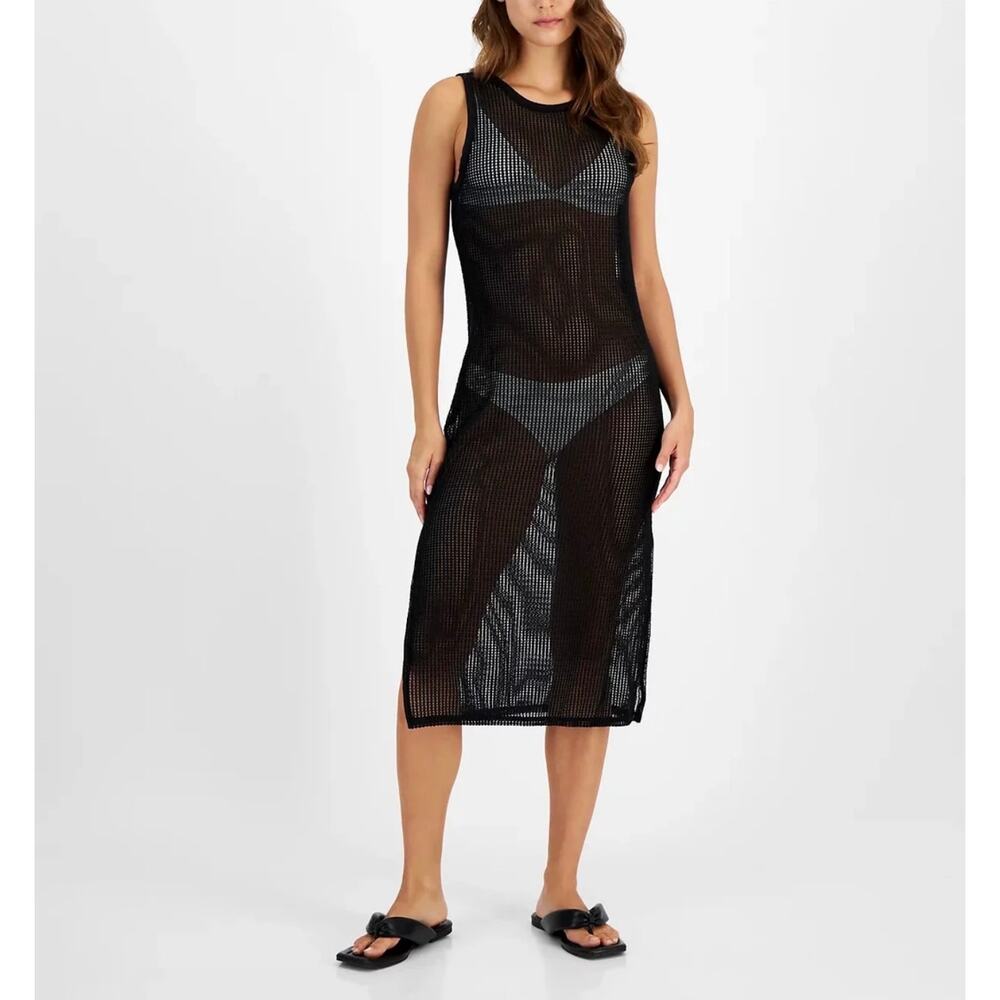 Miken Womens Swim Dress Cover Up Size Medium Black Fishnet Mesh Beach Midi NEW
